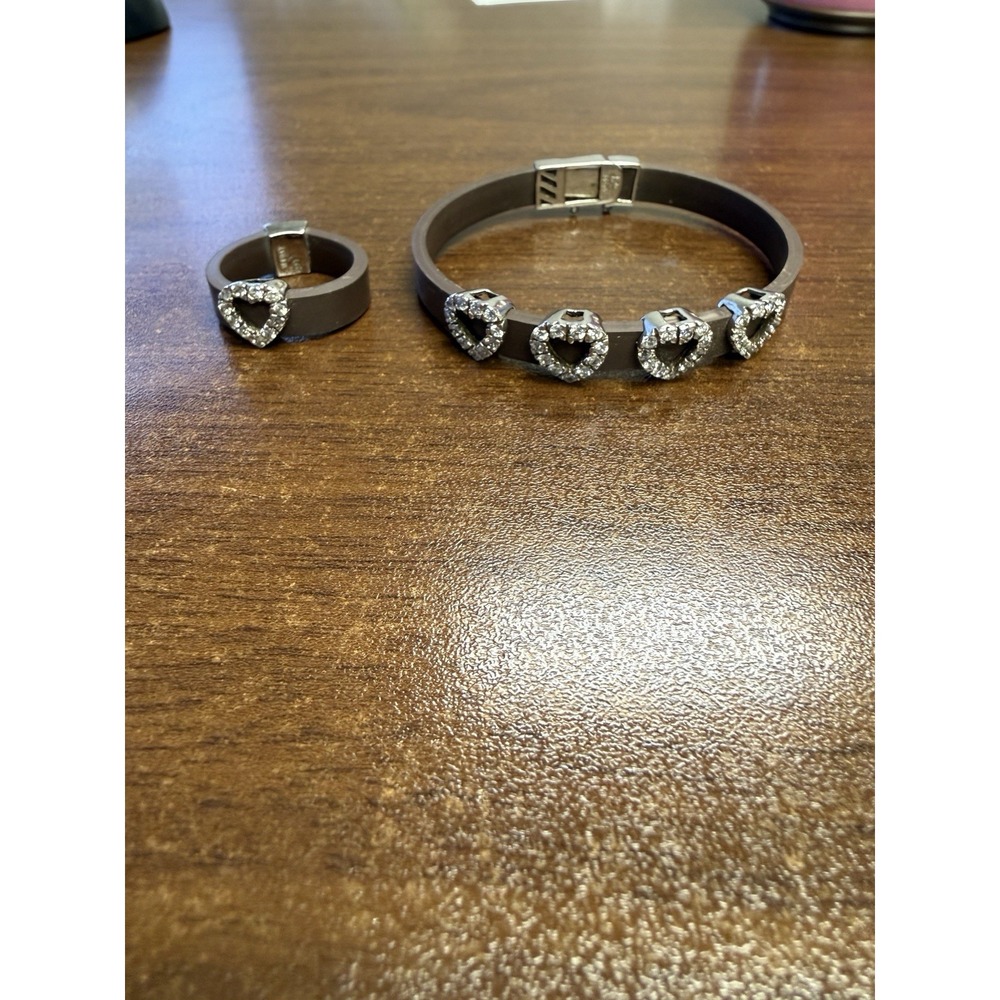 925 Sterling Silver Brown Rubber Bracelet & Ring Set Pavé Heart‎ Rhinestone